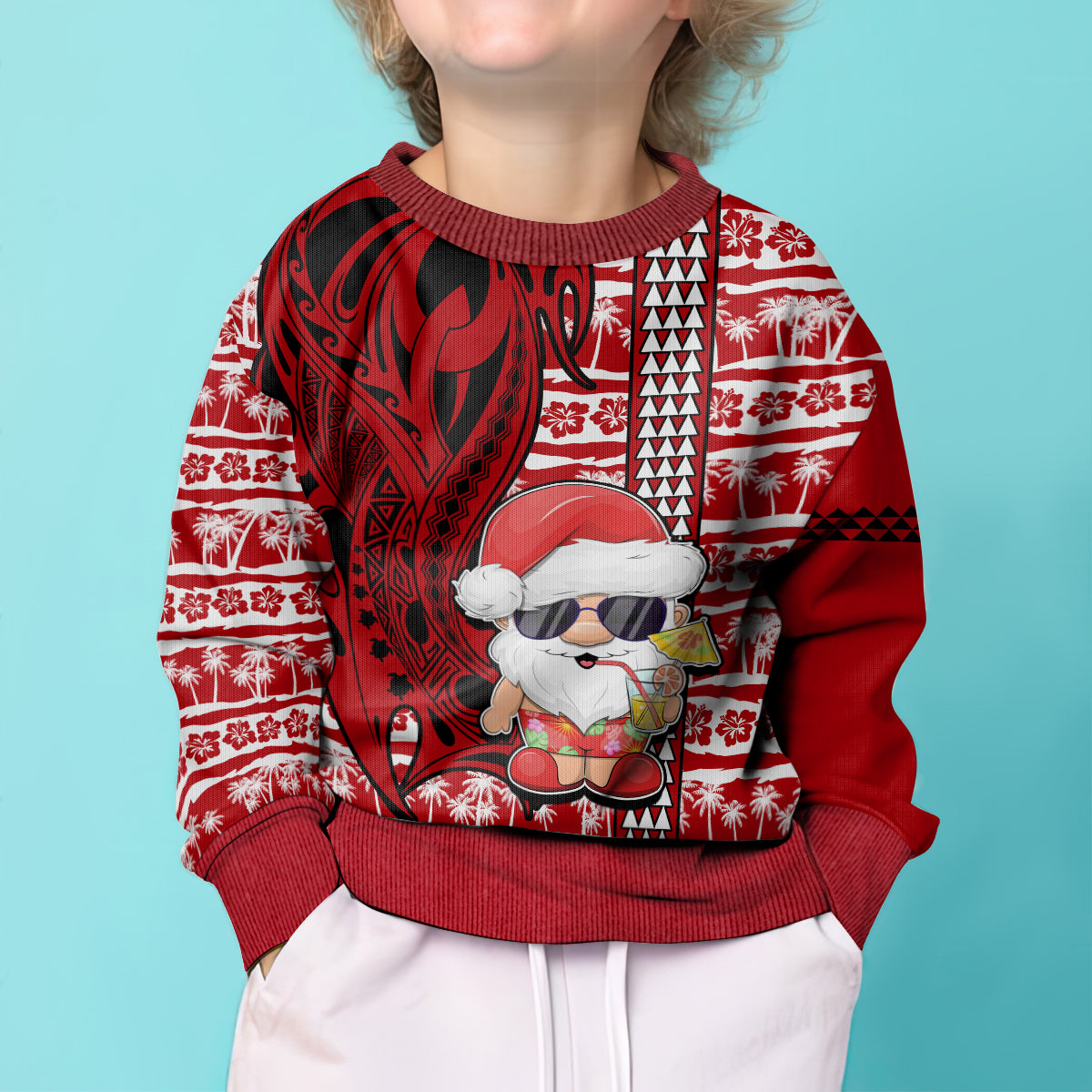 Custom Mele Kalikimaka Hawaii Christmas Kid Ugly Christmas Sweater Santa Claus Kakau Tribal Mix Polynesia Tattoo LT03 - Polynesian Pride