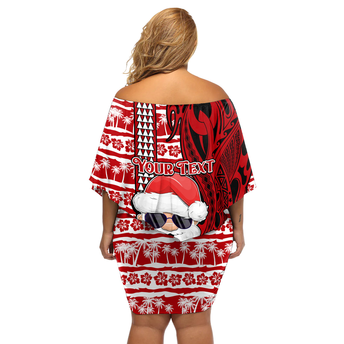 Custom Mele Kalikimaka Hawaii Christmas Off Shoulder Short Dress Santa Claus Kakau Tribal Mix Polynesia Tattoo LT03 - Polynesian Pride