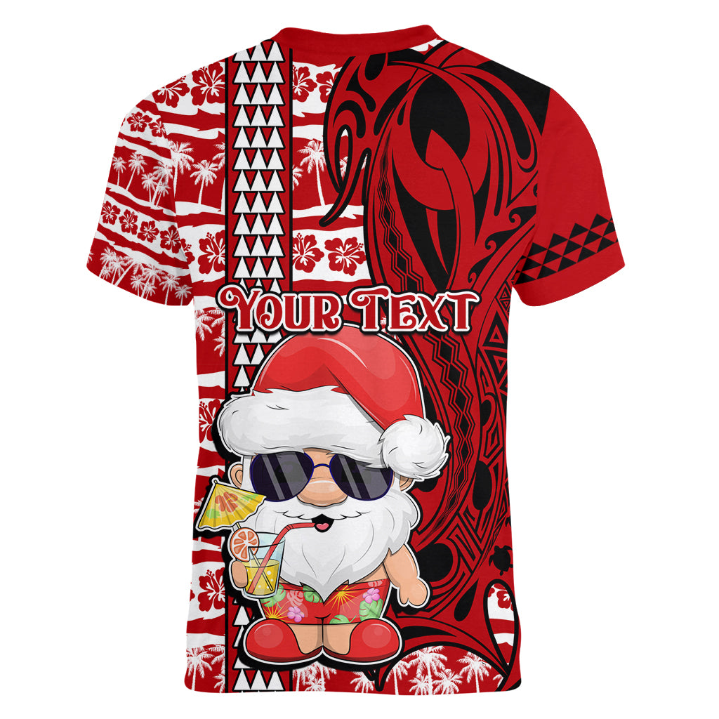 Custom Mele Kalikimaka Hawaii Christmas Women V Neck T Shirt Santa Claus Kakau Tribal Mix Polynesia Tattoo LT03 - Polynesian Pride
