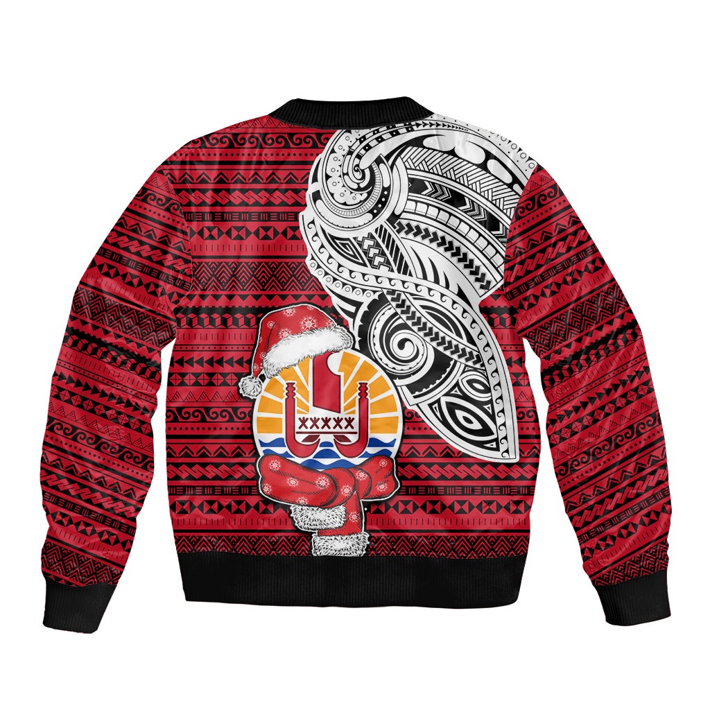French Polynesia Christmas Bomber Jacket Santa Hold Seal with Polynesian Tribal Tattoo LT03 - Polynesian Pride