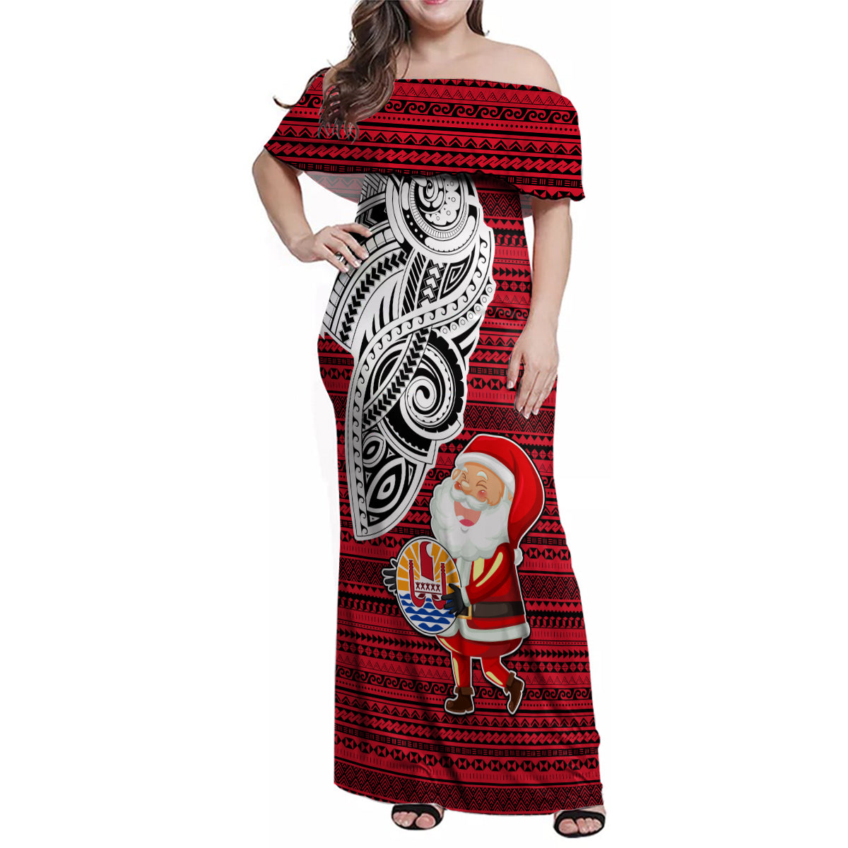 French Polynesia Christmas Family Matching Off Shoulder Maxi Dress and Hawaiian Shirt Santa Hold Seal with Polynesian Tribal Tattoo LT03 Mom's Dress Red - Polynesian Pride