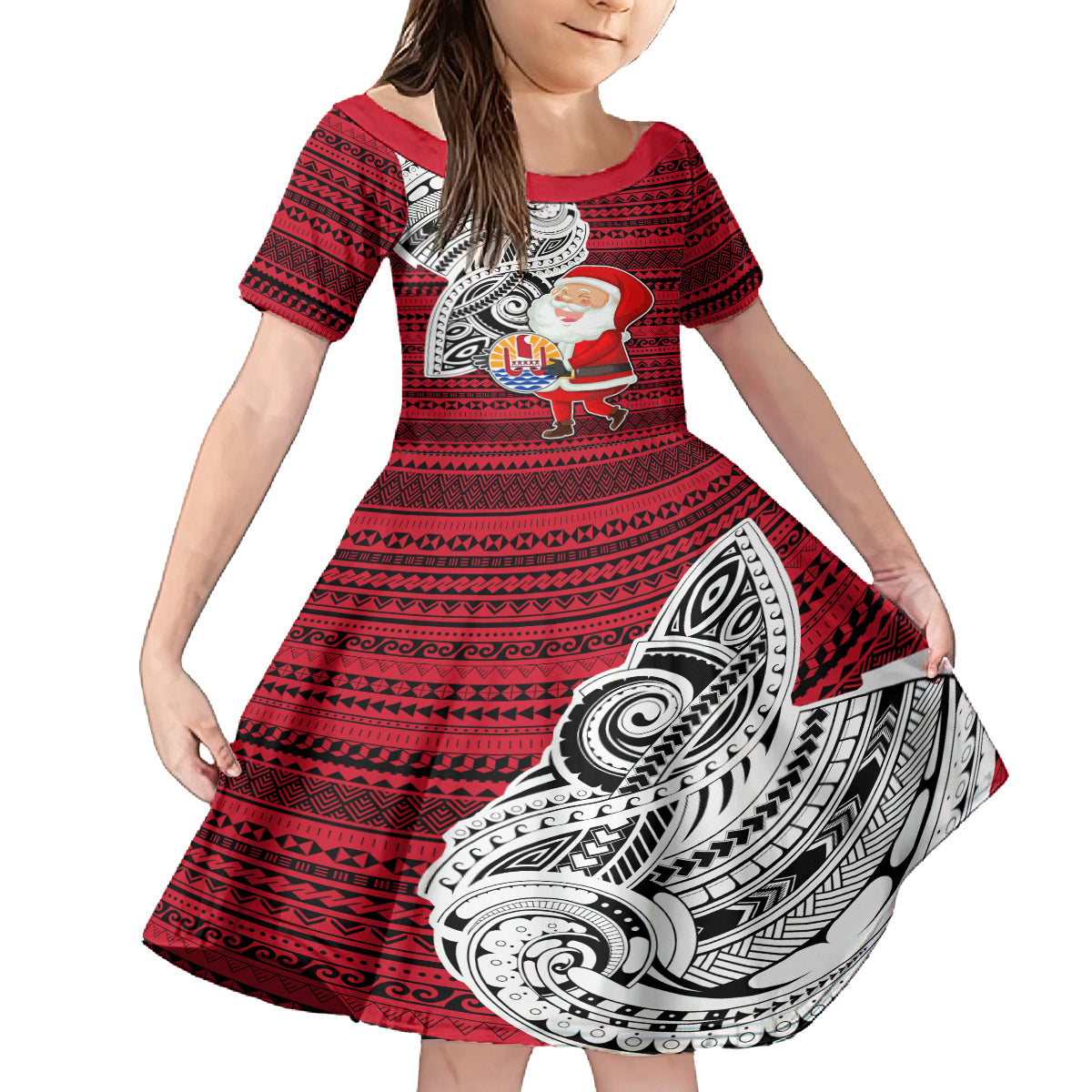 French Polynesia Christmas Family Matching Puletasi Dress and Hawaiian Shirt Santa Hold Seal with Polynesian Tribal Tattoo LT03 Daughter's Dress Red - Polynesian Pride
