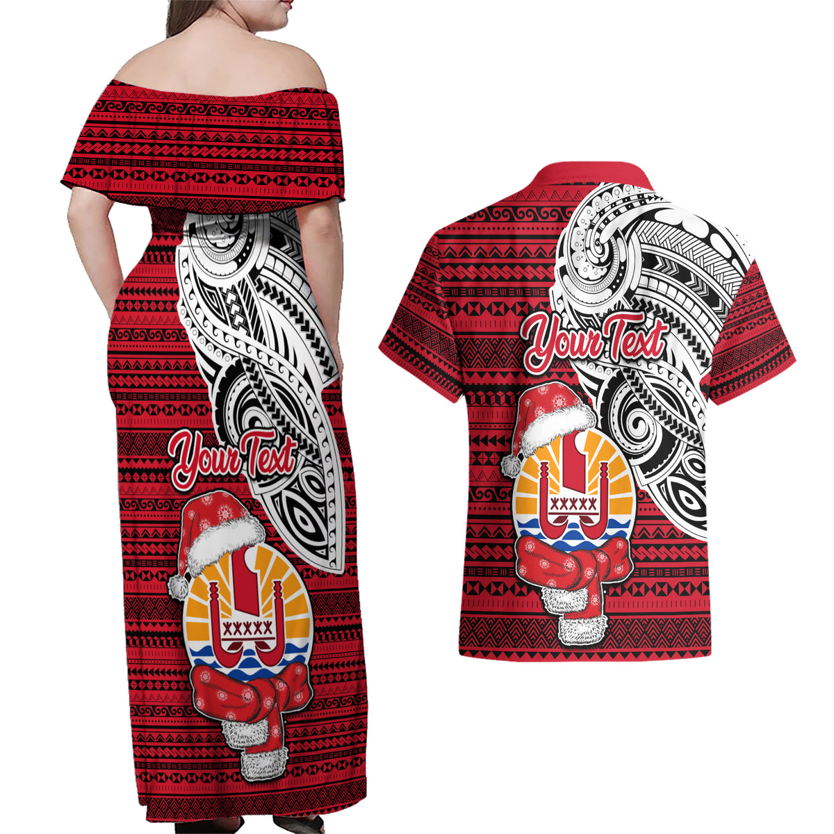 Custom French Polynesia Christmas Couples Matching Off Shoulder Maxi Dress and Hawaiian Shirt Santa Hold Seal with Polynesian Tribal Tattoo LT03 - Polynesian Pride
