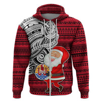 Custom French Polynesia Christmas Hoodie Santa Hold Seal with Polynesian Tribal Tattoo LT03 Zip Hoodie Red - Polynesian Pride