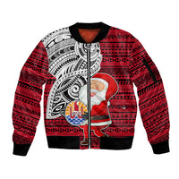 Custom French Polynesia Christmas Sleeve Zip Bomber Jacket Santa Hold Seal with Polynesian Tribal Tattoo LT03 Unisex Red - Polynesian Pride