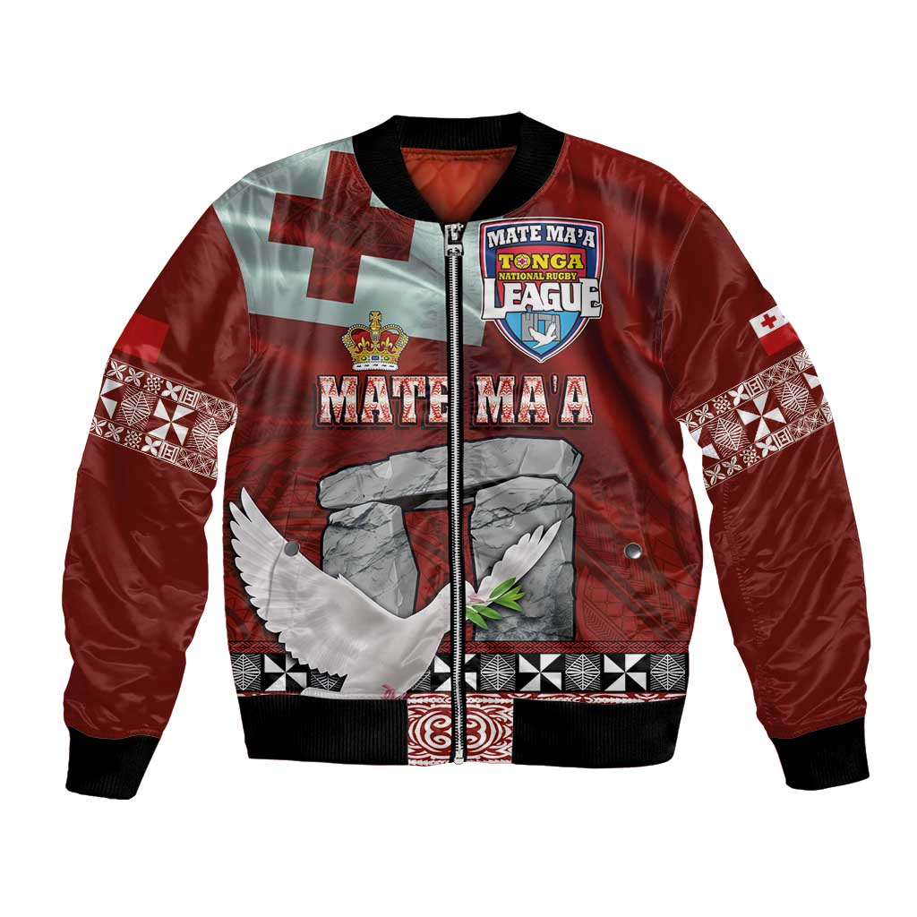 Mate Ma'a Tonga Bomber Jacket Haamonga a Maui and White Dove - Tongan Kupesi Ngatu LT03 Unisex Red - Polynesian Pride