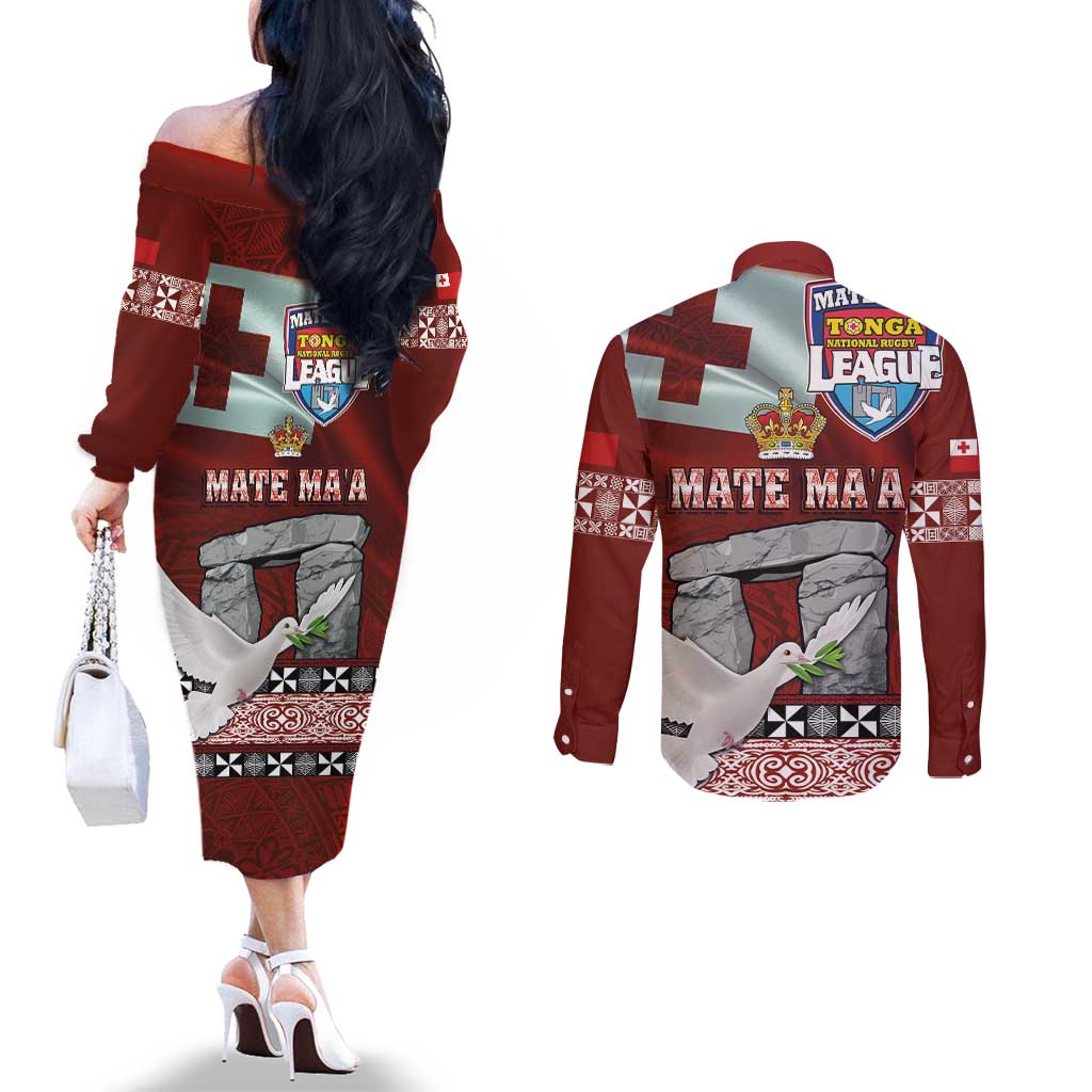 Mate Ma'a Tonga Couples Matching Off The Shoulder Long Sleeve Dress and Long Sleeve Button Shirt Haʻamonga ʻa Maui and White Dove - Tongan Kupesi Ngatu