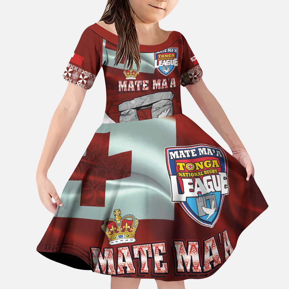 Mate Ma'a Tonga Kid Short Sleeve Dress Haamonga a Maui and White Dove - Tongan Kupesi Ngatu LT03 KID Red - Polynesian Pride