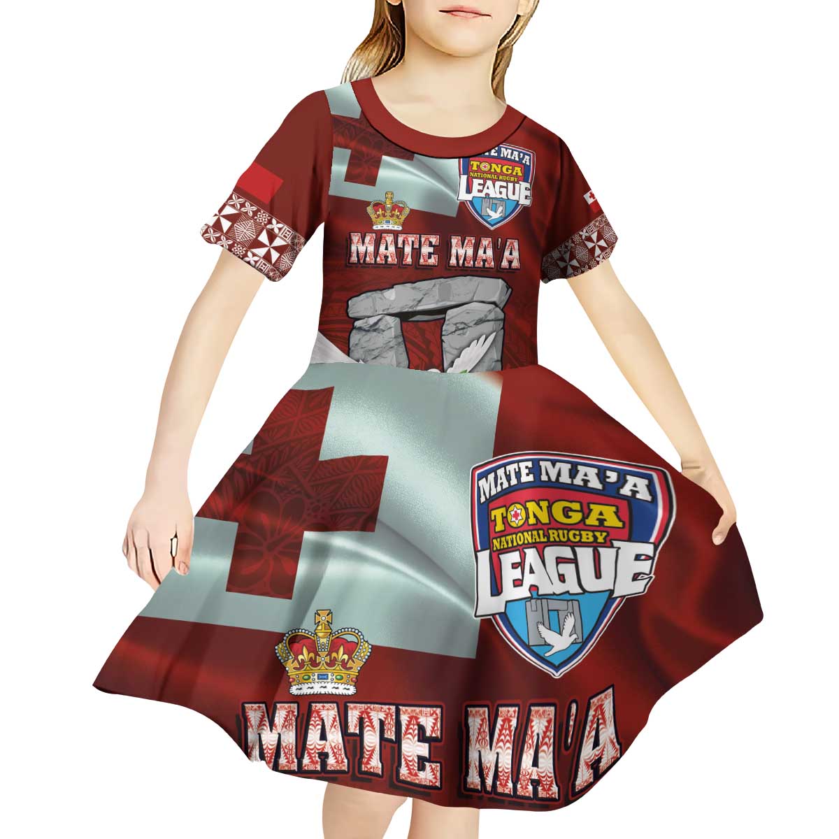 Mate Ma'a Tonga Kid Short Sleeve Dress Haamonga a Maui and White Dove - Tongan Kupesi Ngatu LT03 - Polynesian Pride
