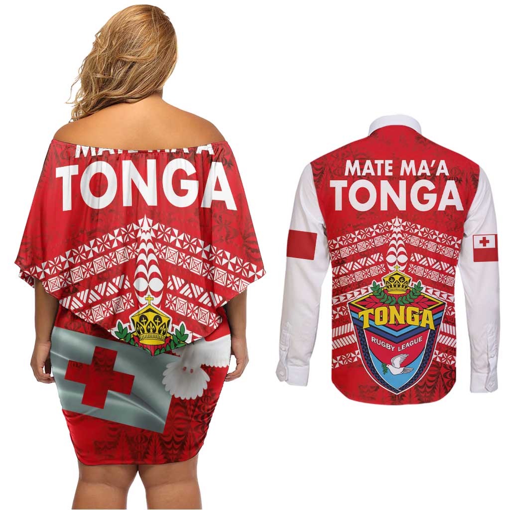 Mate Ma'a Tonga Couples Matching Off Shoulder Short Dress and Long Sleeve Button Shirt Douple White Dove and Kupesi Ngatu Art Tattoo