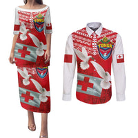 Mate Ma'a Tonga Couples Matching Puletasi and Long Sleeve Button Shirt Double White Dove and Kupesi Ngatu Art Tattoo LT03 Red - Polynesian Pride