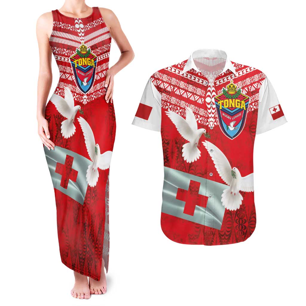 Mate Ma'a Tonga Couples Matching Tank Maxi Dress and Hawaiian Shirt Douple White Dove and Kupesi Ngatu Art Tattoo