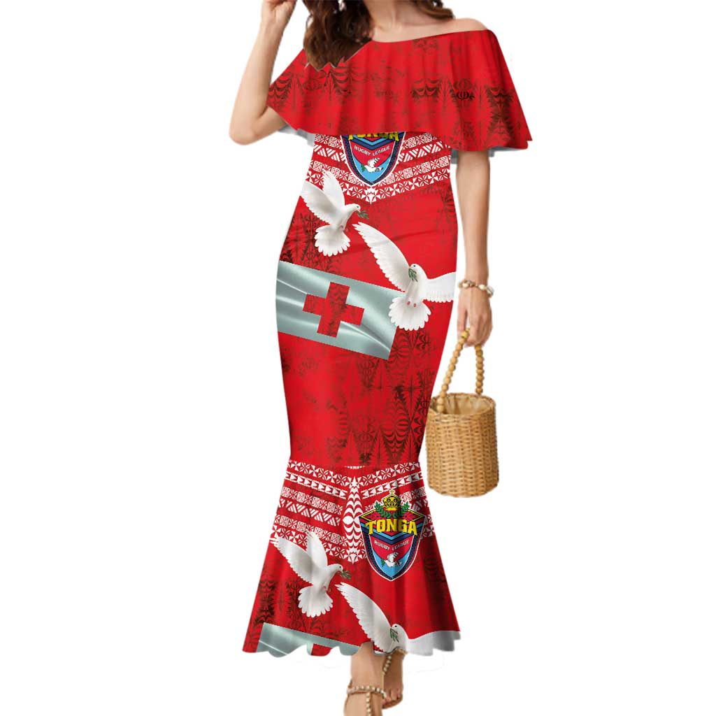 Mate Ma'a Tonga Family Matching Mermaid Dress and Hawaiian Shirt Douple White Dove and Kupesi Ngatu Art Tattoo