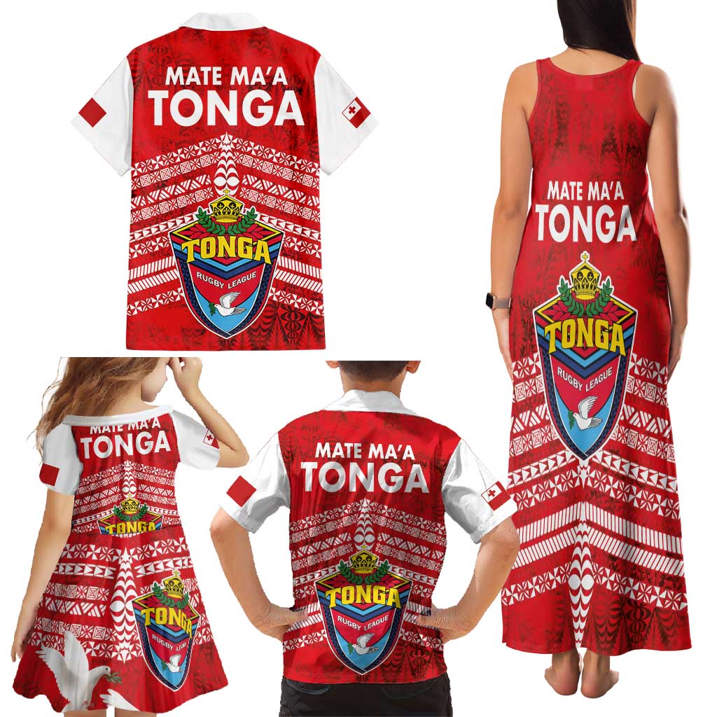 Mate Ma'a Tonga Family Matching Tank Maxi Dress and Hawaiian Shirt Douple White Dove and Kupesi Ngatu Art Tattoo