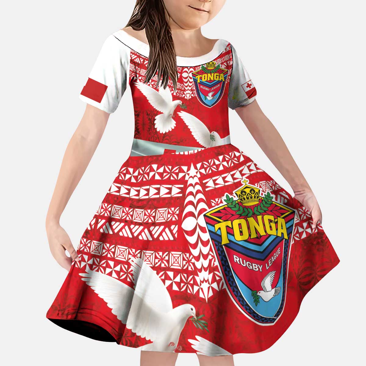 Mate Ma'a Tonga Kid Short Sleeve Dress Double White Dove and Kupesi Ngatu Art Tattoo LT03 KID Red - Polynesian Pride