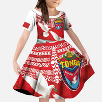 Mate Ma'a Tonga Kid Short Sleeve Dress Double White Dove and Kupesi Ngatu Art Tattoo LT03 KID Red - Polynesian Pride