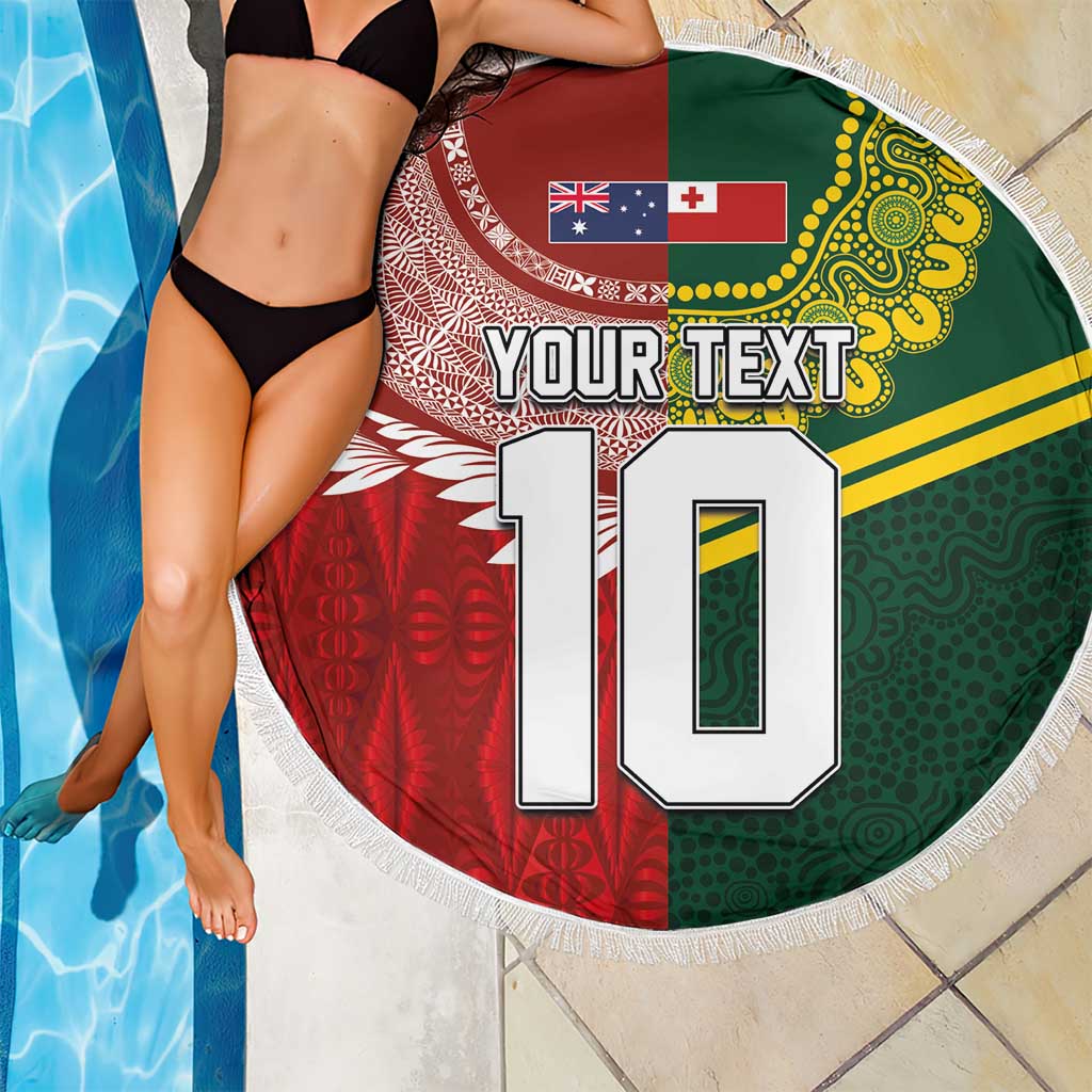 Custom Mate Ma'a Tonga and Australia Kangaroo Beach Blanket Nation Seal with Mascot Aboriginal and Tongan Kupesi Ngatu Art