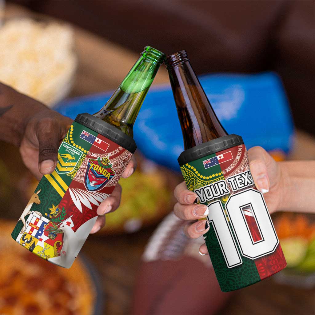 Custom Mate Ma'a Tonga and Australia Kangaroo 4 in 1 Can Cooler Tumbler Nation Seal with Mascot Aboriginal and Tongan Kupesi Ngatu Art