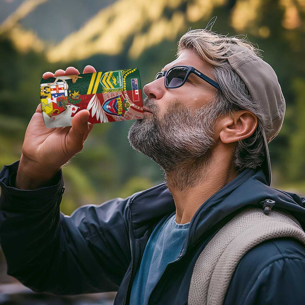 Custom Mate Ma'a Tonga and Australia Kangaroo 4 in 1 Can Cooler Tumbler Nation Seal with Mascot Aboriginal and Tongan Kupesi Ngatu Art