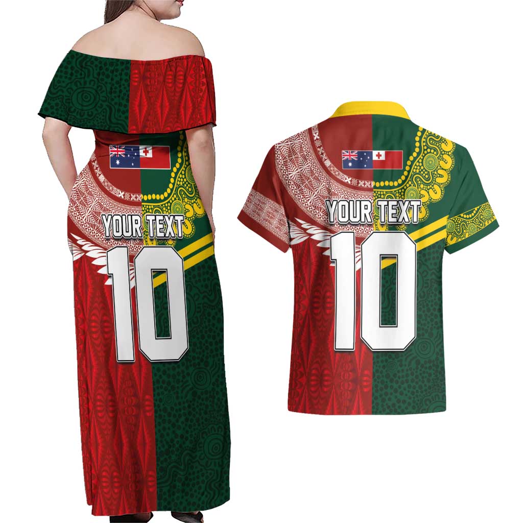 Custom Mate Ma'a Tonga and Australia Kangaroo Couples Matching Off Shoulder Maxi Dress and Hawaiian Shirt Nation Seal with Mascot Aboriginal and Tongan Kupesi Ngatu Art