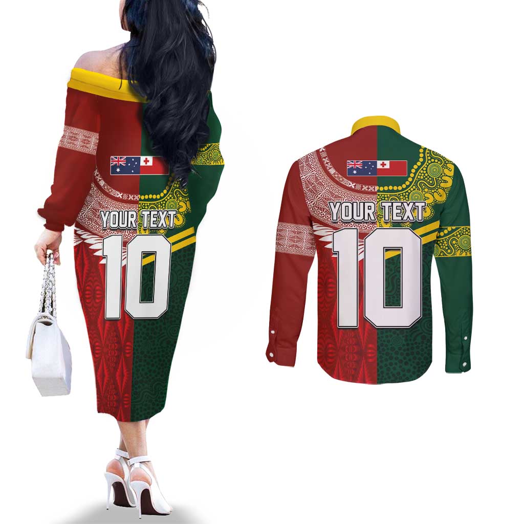 Custom Mate Ma'a Tonga and Australia Kangaroo Couples Matching Off The Shoulder Long Sleeve Dress and Long Sleeve Button Shirt Nation Seal with Mascot Aboriginal and Tongan Kupesi Ngatu Art