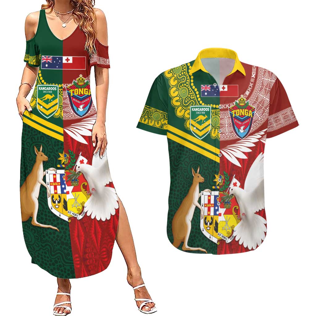 Custom Mate Ma'a Tonga and Australia Kangaroo Couples Matching Summer Maxi Dress and Hawaiian Shirt Nation Seal with Mascot Aboriginal and Tongan Kupesi Ngatu Art