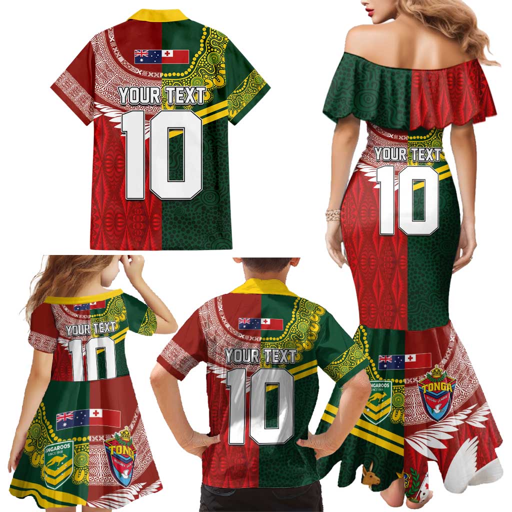 Custom Mate Ma'a Tonga and Australia Kangaroo Family Matching Mermaid Dress and Hawaiian Shirt Nation Seal with Mascot Aboriginal and Tongan Kupesi Ngatu Art