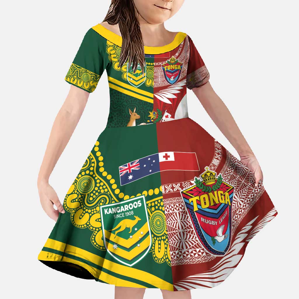Custom Mate Ma'a Tonga and Australia Kangaroo Family Matching Short Sleeve Bodycon Dress and Hawaiian Shirt Nation Seal with Mascot Aboriginal and Tongan Kupesi Ngatu Art