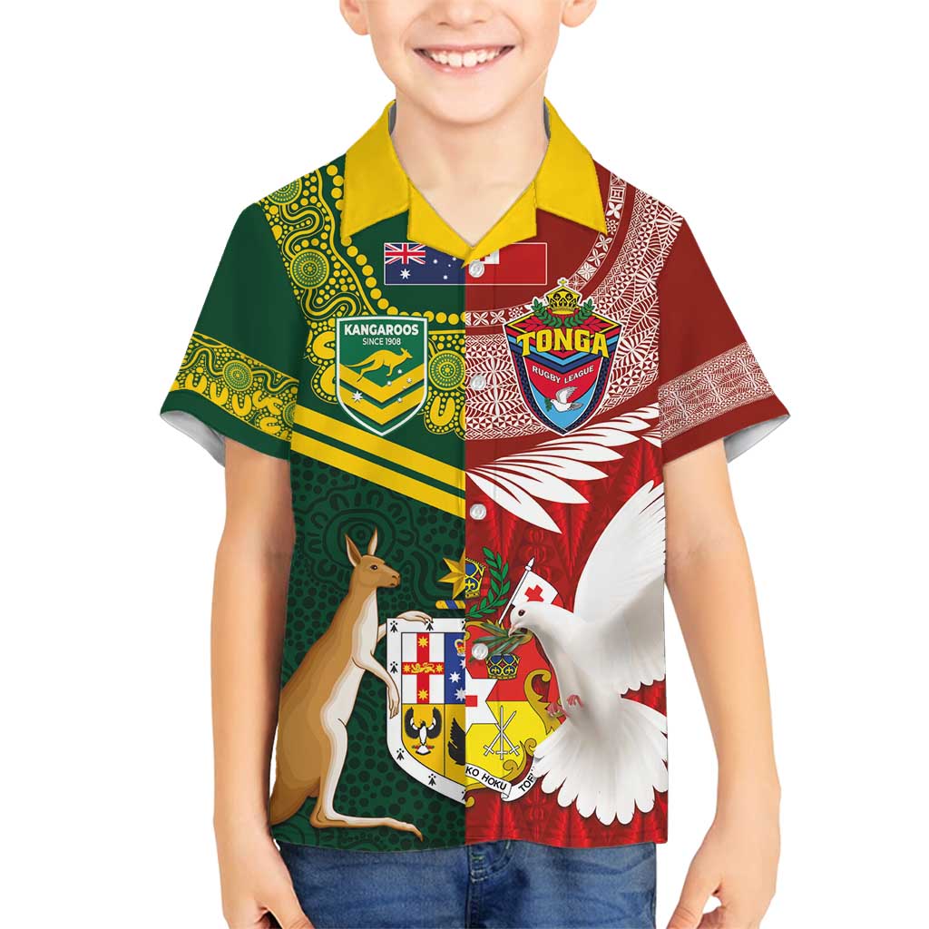 Custom Mate Ma'a Tonga and Australia Kangaroo Family Matching Tank Maxi Dress and Hawaiian Shirt Nation Seal with Mascot Aboriginal and Tongan Kupesi Ngatu Art