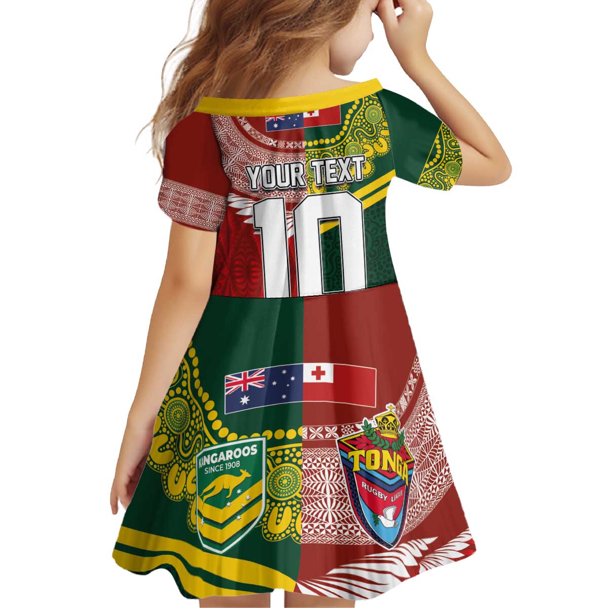 Custom Mate Ma'a Tonga and Australia Kangaroo Kid Short Sleeve Dress Nation Seal with Mascot Aboriginal and Tongan Kupesi Ngatu Art