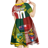 Custom Mate Ma'a Tonga and Australia Kangaroo Kid Short Sleeve Dress Nation Seal with Mascot Aboriginal and Tongan Kupesi Ngatu Art