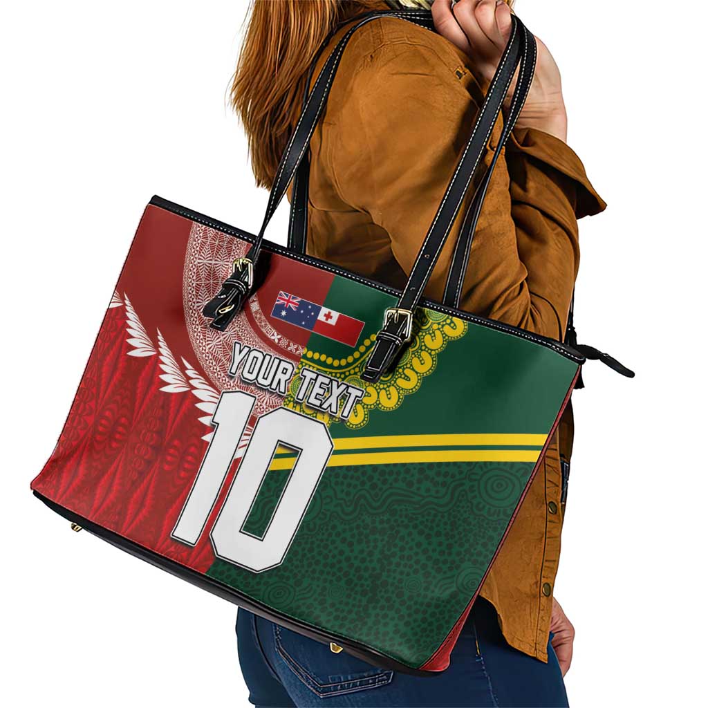 Custom Mate Ma'a Tonga and Australia Kangaroo Leather Tote Bag Nation Seal with Mascot Aboriginal and Tongan Kupesi Ngatu Art