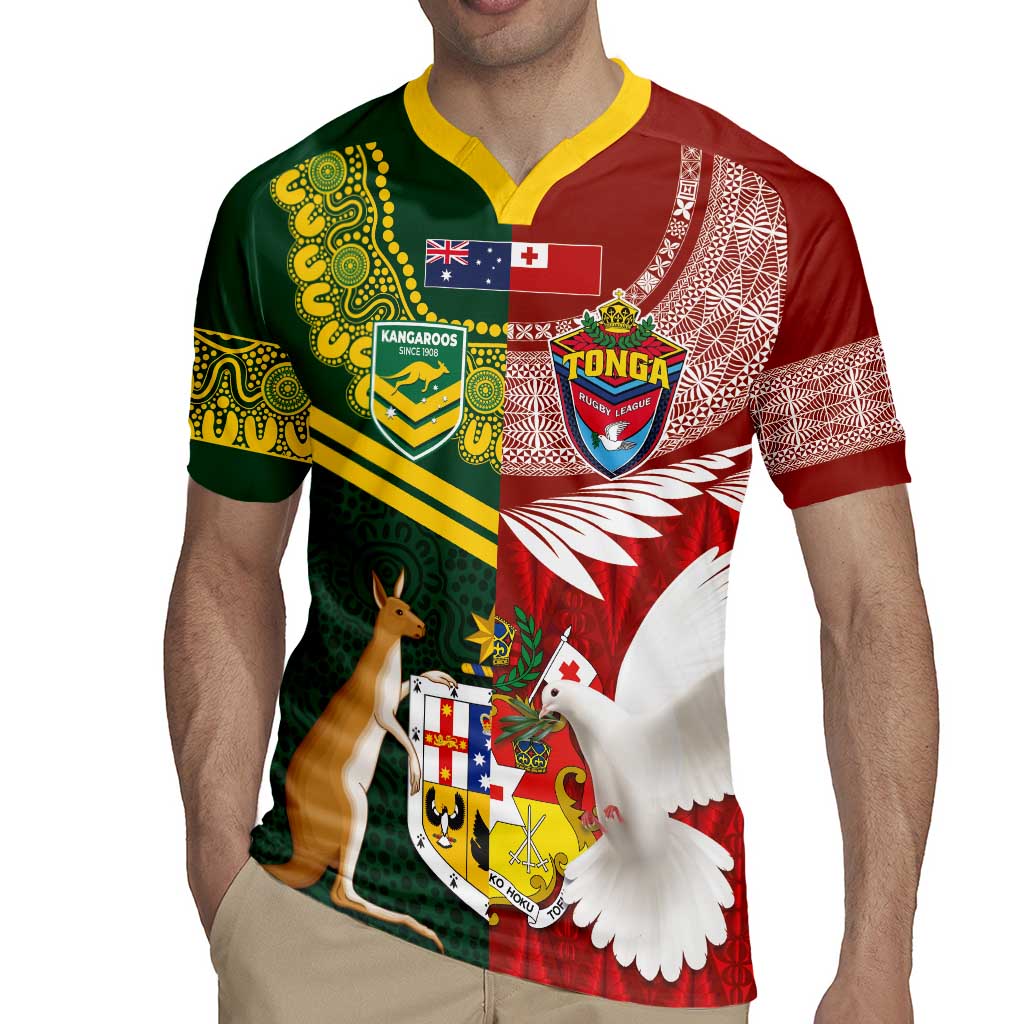 Custom Mate Ma'a Tonga and Australia Kangaroo Rugby Jersey Nation Seal with Mascot Aboriginal and Tongan Kupesi Ngatu Art