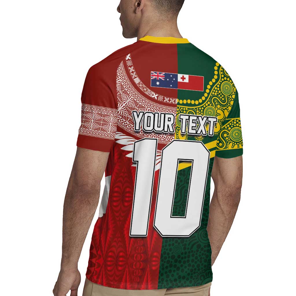 Custom Mate Ma'a Tonga and Australia Kangaroo Rugby Jersey Nation Seal with Mascot Aboriginal and Tongan Kupesi Ngatu Art