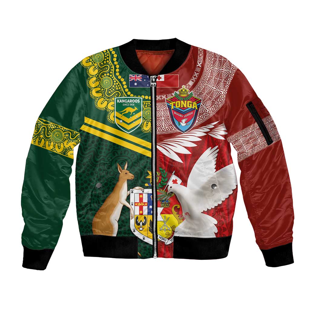 Custom Mate Ma'a Tonga and Australia Kangaroo Sleeve Zip Bomber Jacket Nation Seal with Mascot Aboriginal and Tongan Kupesi Ngatu Art LT03 Unisex Red - Polynesian Pride