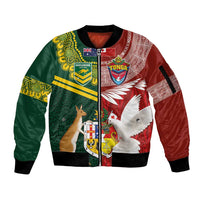 Custom Mate Ma'a Tonga and Australia Kangaroo Sleeve Zip Bomber Jacket Nation Seal with Mascot Aboriginal and Tongan Kupesi Ngatu Art LT03 Unisex Red - Polynesian Pride