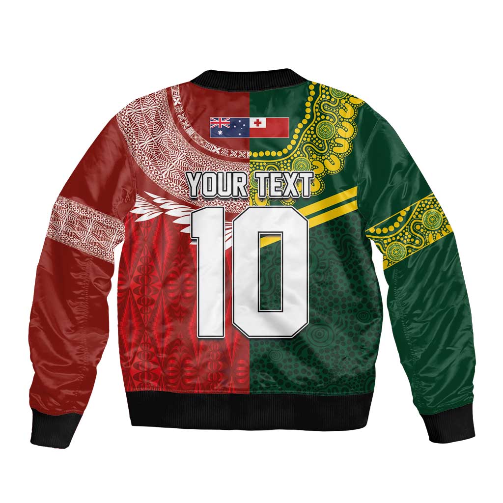 Custom Mate Ma'a Tonga and Australia Kangaroo Sleeve Zip Bomber Jacket Nation Seal with Mascot Aboriginal and Tongan Kupesi Ngatu Art LT03 - Polynesian Pride