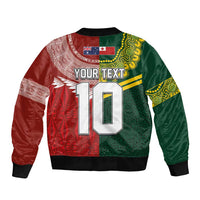 Custom Mate Ma'a Tonga and Australia Kangaroo Sleeve Zip Bomber Jacket Nation Seal with Mascot Aboriginal and Tongan Kupesi Ngatu Art LT03 - Polynesian Pride