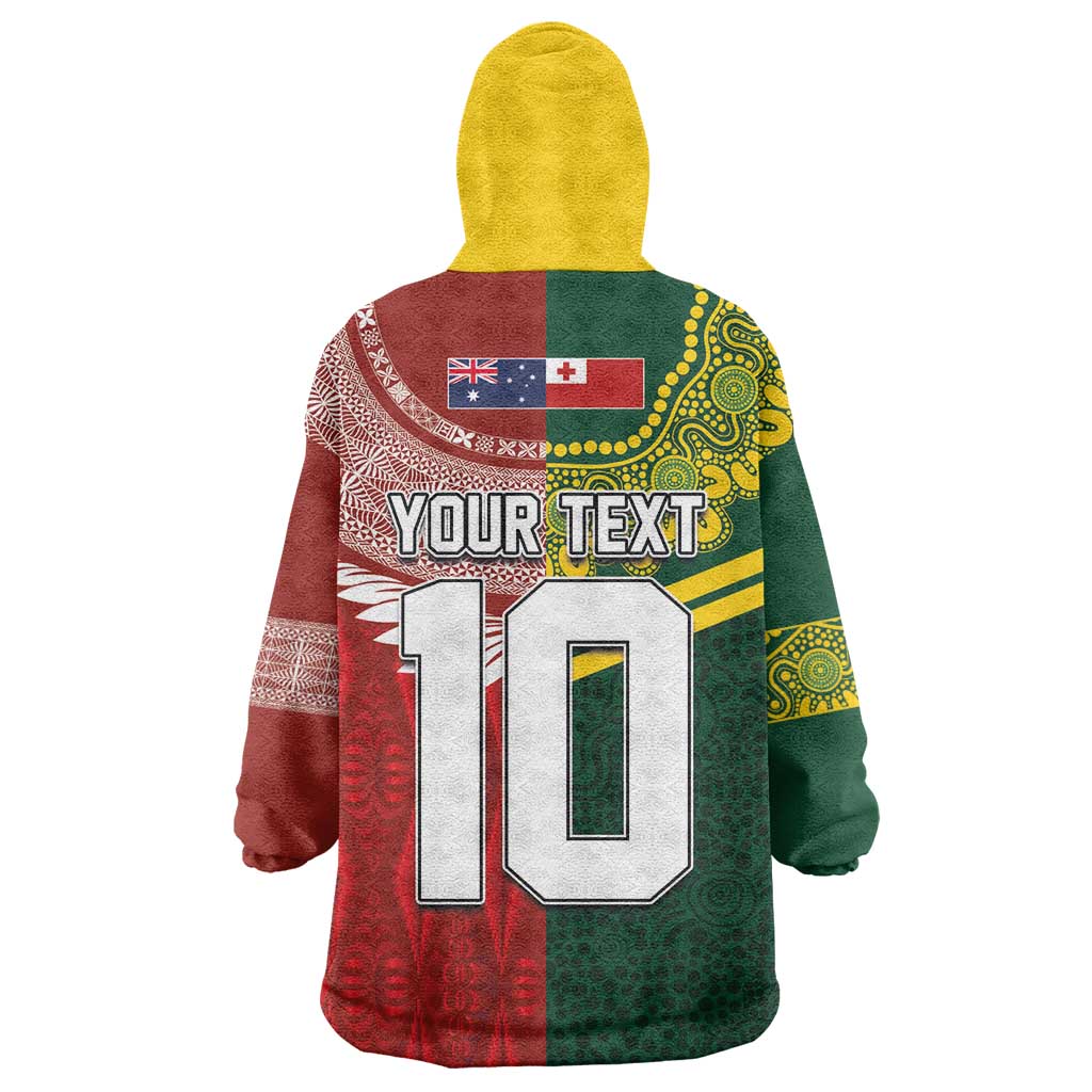 Custom Mate Ma'a Tonga and Australia Kangaroo Wearable Blanket Hoodie Nation Seal with Mascot Aboriginal and Tongan Kupesi Ngatu Art