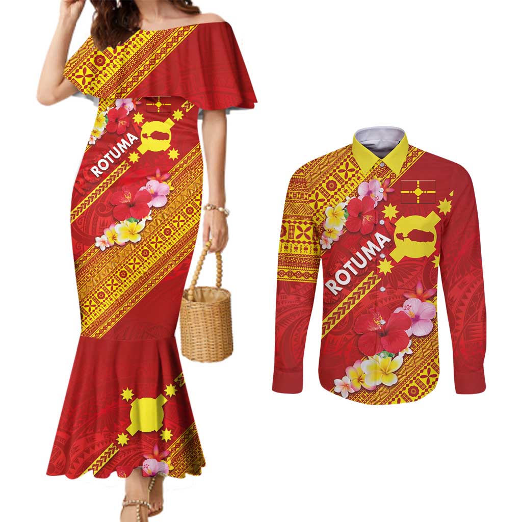 Rotuma Island Couples Matching Mermaid Dress and Long Sleeve Button Shirt Fijian Tapa with Polynesian Art and Hibiscus