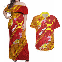 Rotuma Island Couples Matching Off Shoulder Maxi Dress and Hawaiian Shirt Fijian Tapa with Polynesian Art and Hibiscus