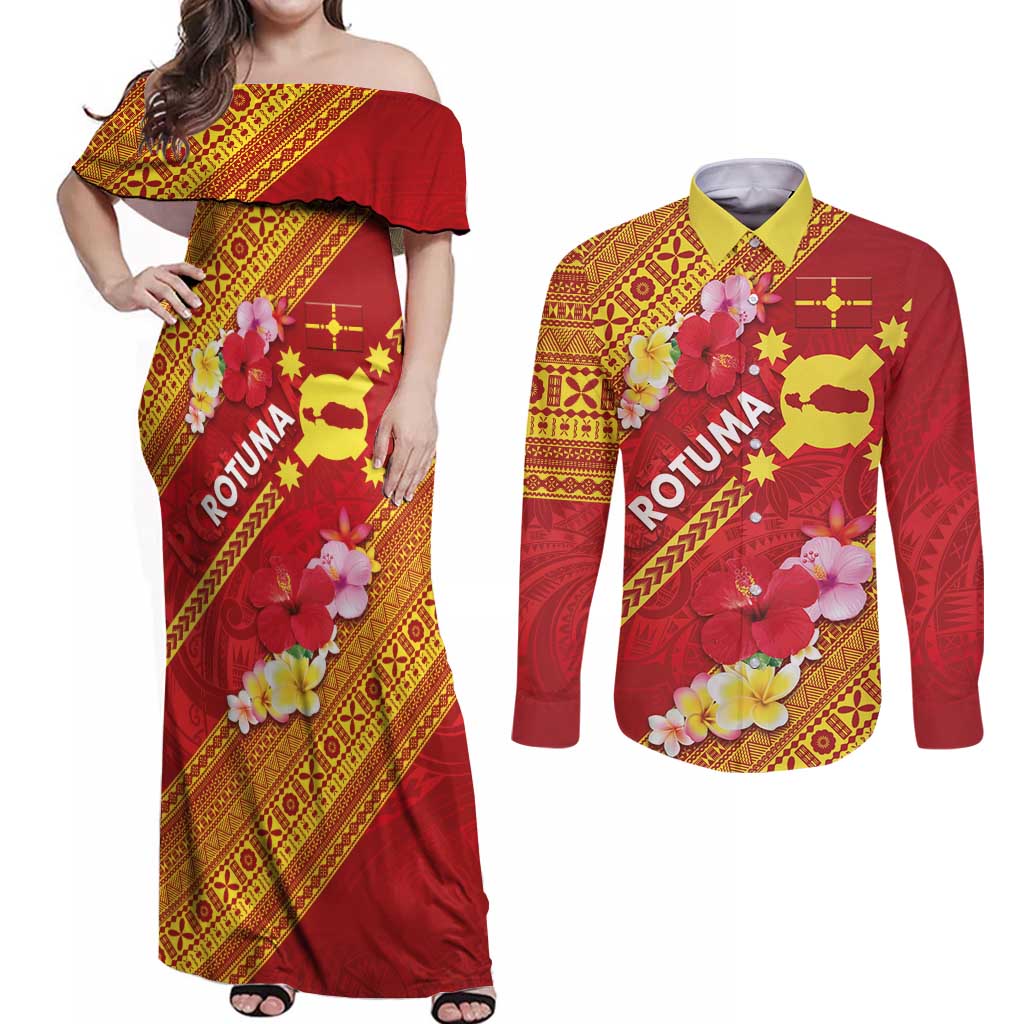 Rotuma Island Couples Matching Off Shoulder Maxi Dress and Long Sleeve Button Shirt Fijian Tapa with Polynesian Art and Hibiscus