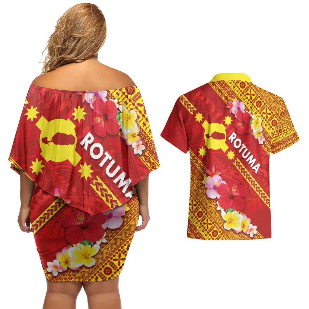 Rotuma Island Couples Matching Off Shoulder Short Dress and Hawaiian Shirt Fijian Tapa with Polynesian Art and Hibiscus