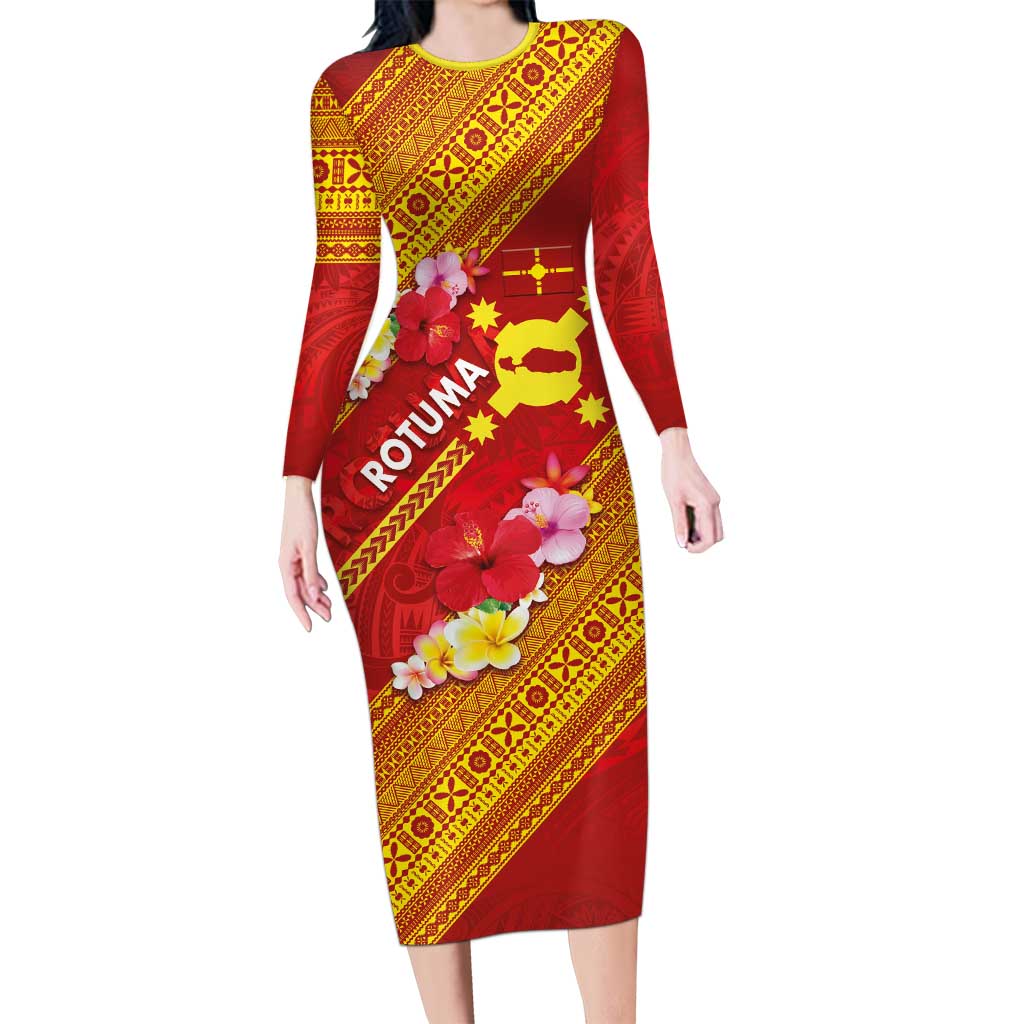 Rotuma Island Family Matching Long Sleeve Bodycon Dress and Hawaiian Shirt Fijian Tapa with Polynesian Art and Hibiscus