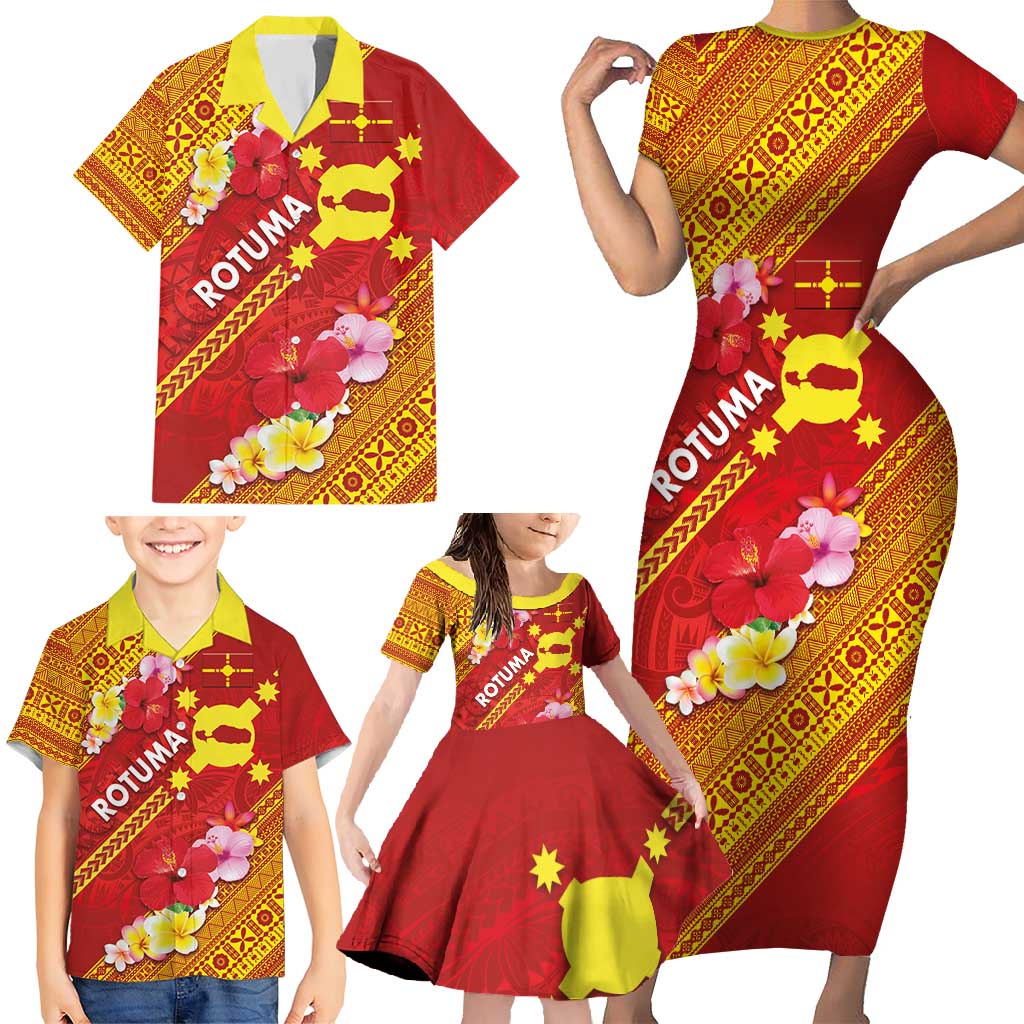 Rotuma Island Family Matching Short Sleeve Bodycon Dress and Hawaiian Shirt Fijian Tapa with Polynesian Art and Hibiscus