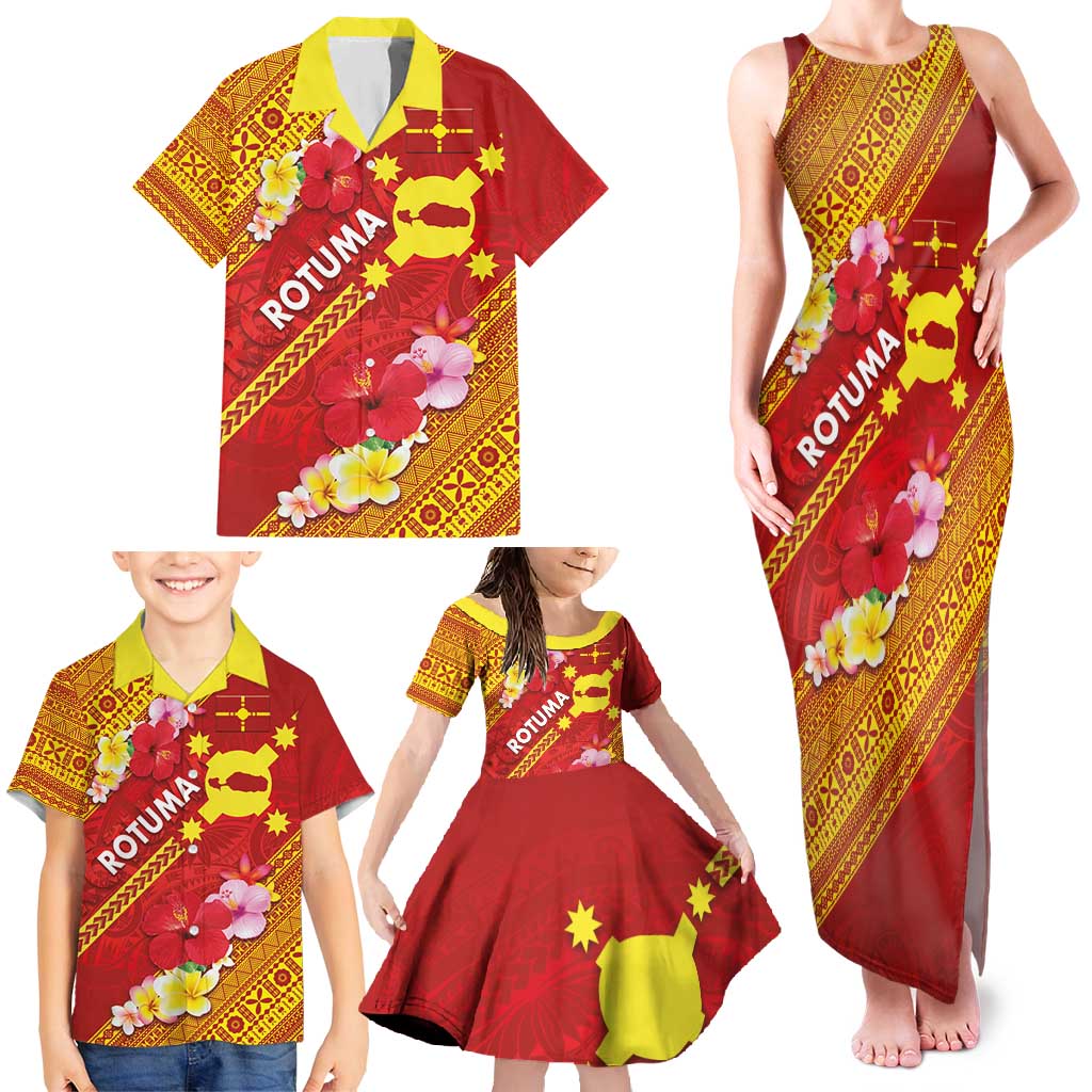 Rotuma Island Family Matching Tank Maxi Dress and Hawaiian Shirt Fijian Tapa with Polynesian Art and Hibiscus