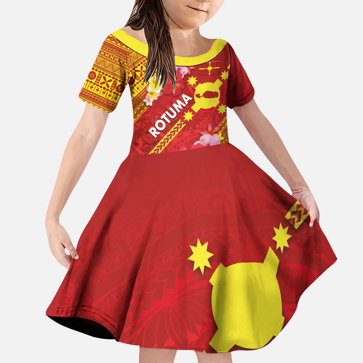 Rotuma Island Kid Short Sleeve Dress Fijian Tapa with Polynesian Art and Hibiscus