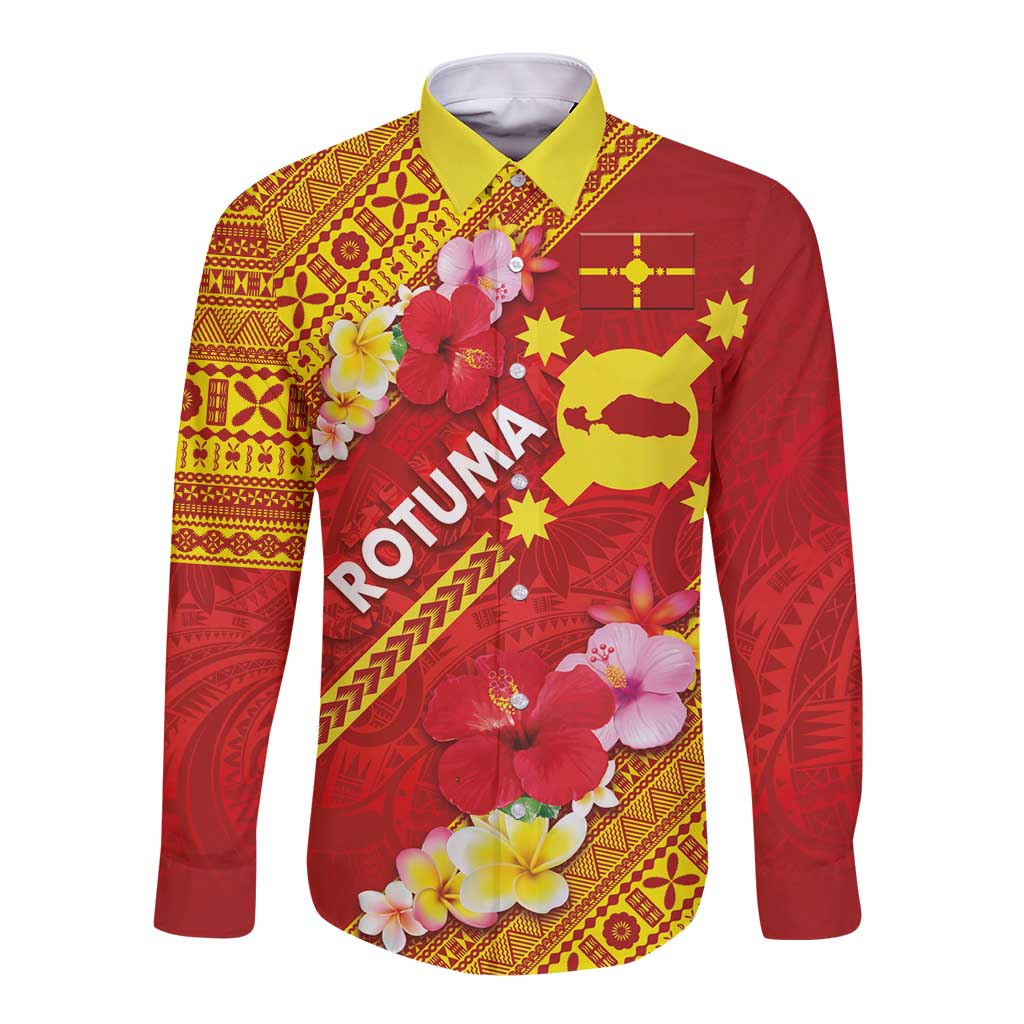 Rotuma Island Long Sleeve Button Shirt Fijian Tapa with Polynesian Art and Hibiscus