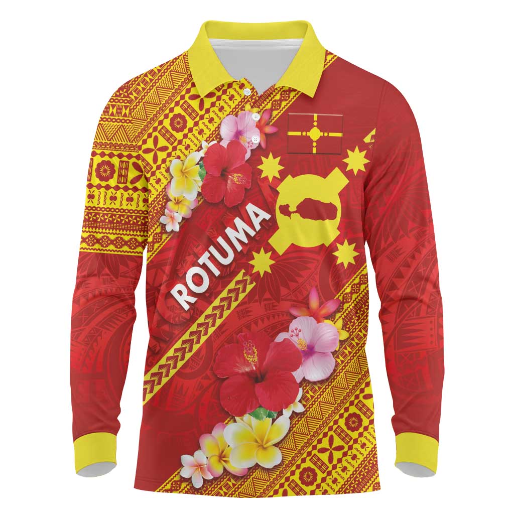 Rotuma Island Long Sleeve Polo Shirt Fijian Tapa with Polynesian Art and Hibiscus