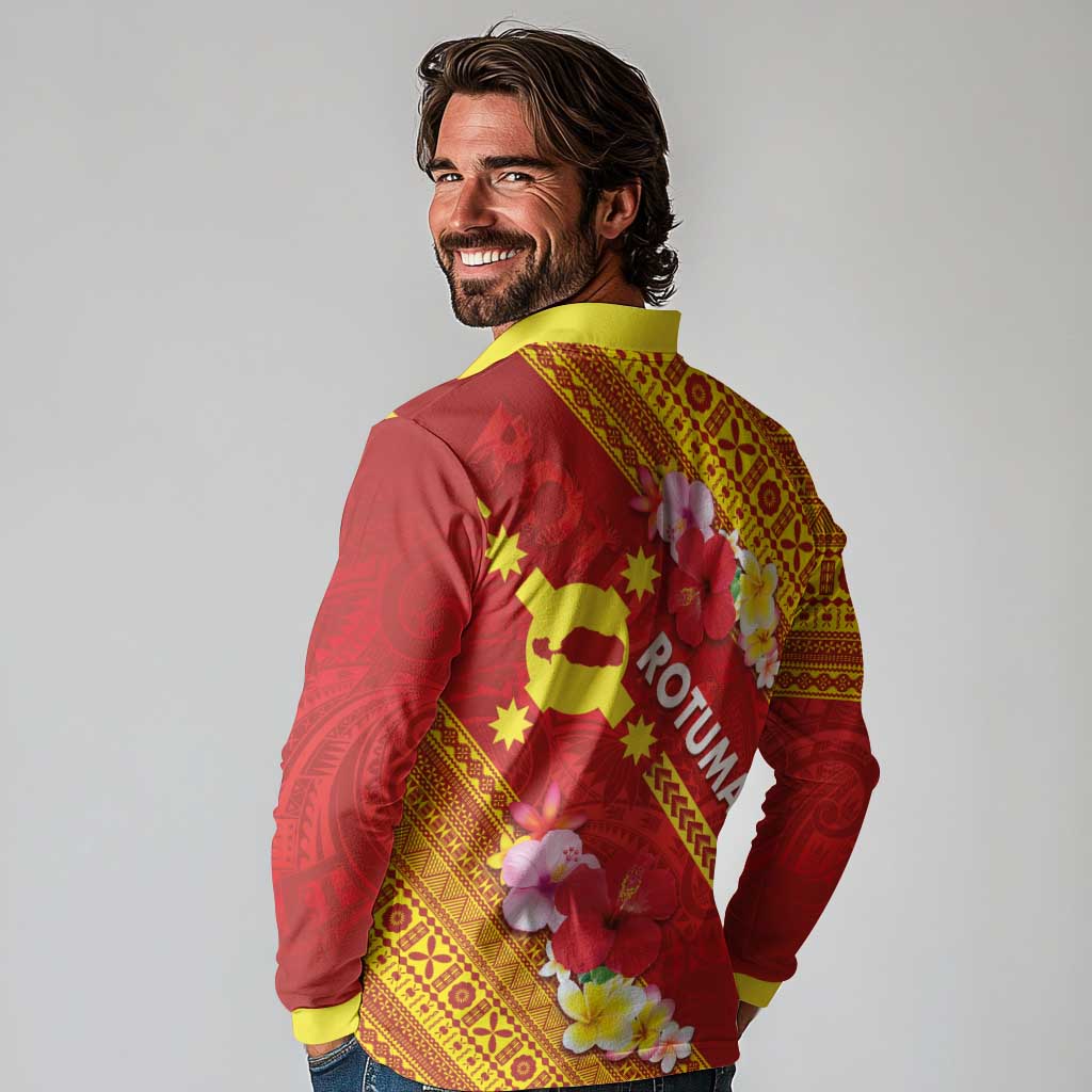 Rotuma Island Long Sleeve Polo Shirt Fijian Tapa with Polynesian Art and Hibiscus